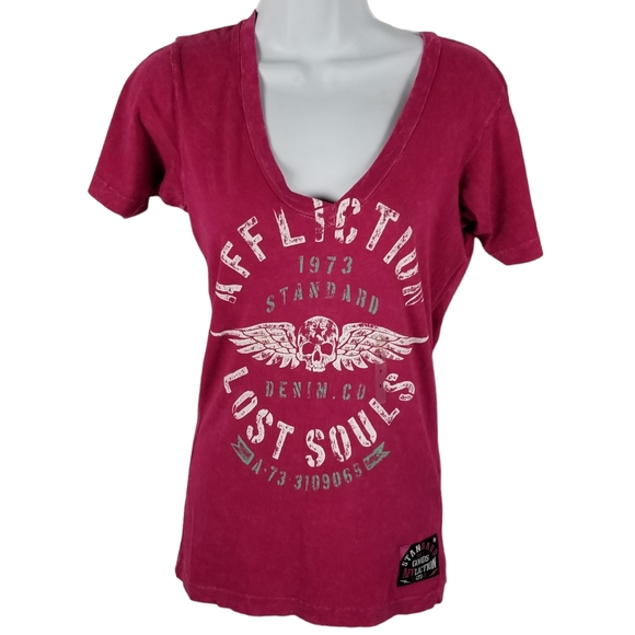 Affliction Tops - NWT Affliction Skull Wings V Neck Short Sleeve Pink T-shirt Women's Size Small